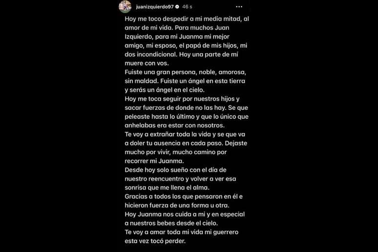 Posteriormente ao anúncio da morte de Izquierdo, Selena fez um post no story do jogador no Instagram – Reprodução / Instagram