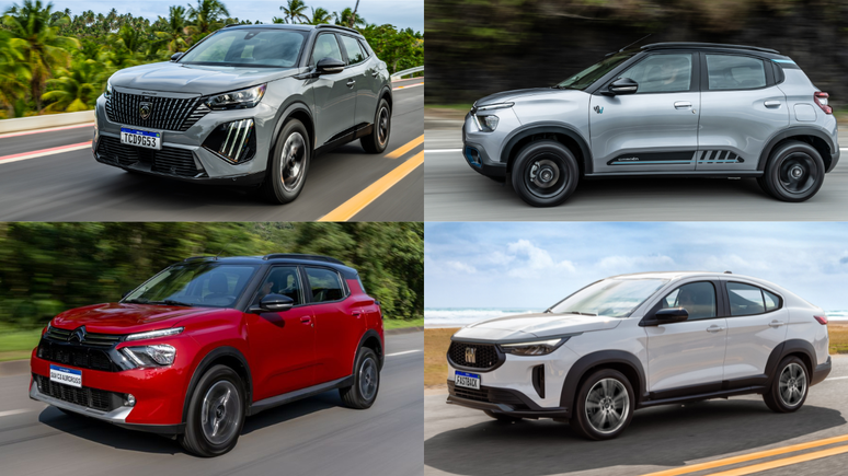 Quatro carros com o motor Turbo 200 da Stellantis: Peugeot 2008, Citroën C3, Citroën Aircross e Fiat Fastback