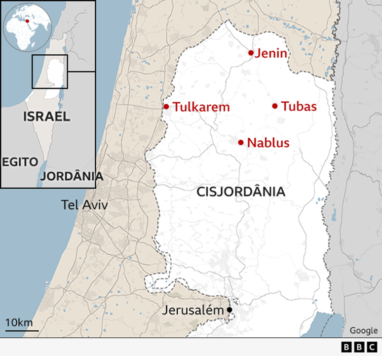 Mapa mostrando as cidades de Jenin, Tulkarem, Nablus e Tubas, onde as forças israelenses realizaram incursões.