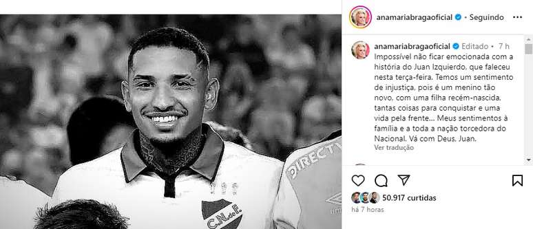 Juan Izquierdo &eacute; alvo de homenagem de Ana Maria Braga nas redes sociais 