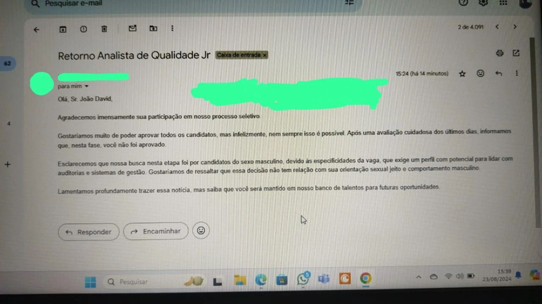 Empresa rejeitou candidato por não apresentar 'comportamento masculino'