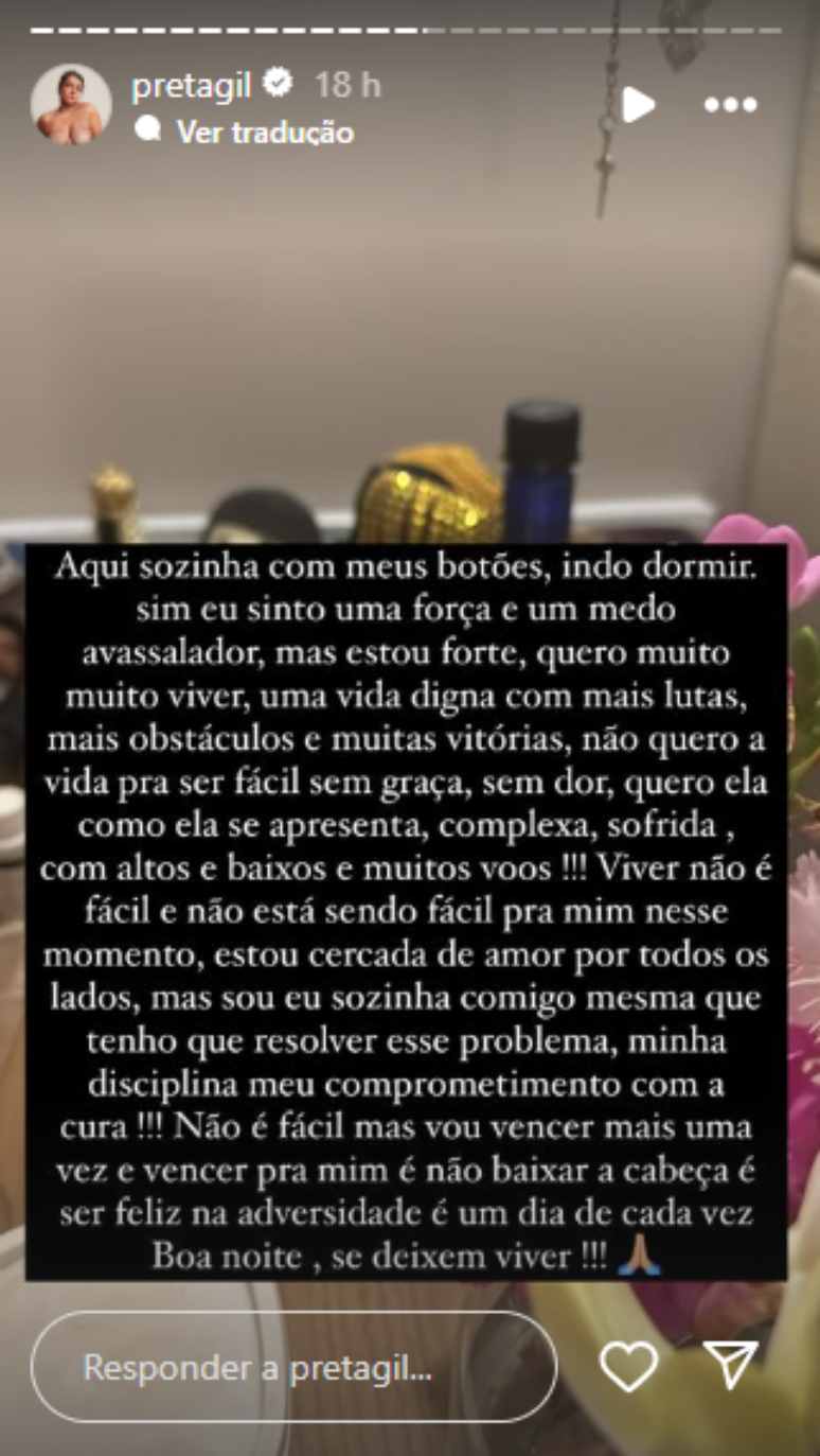 Preta Gil fez desabafo no Instagram 