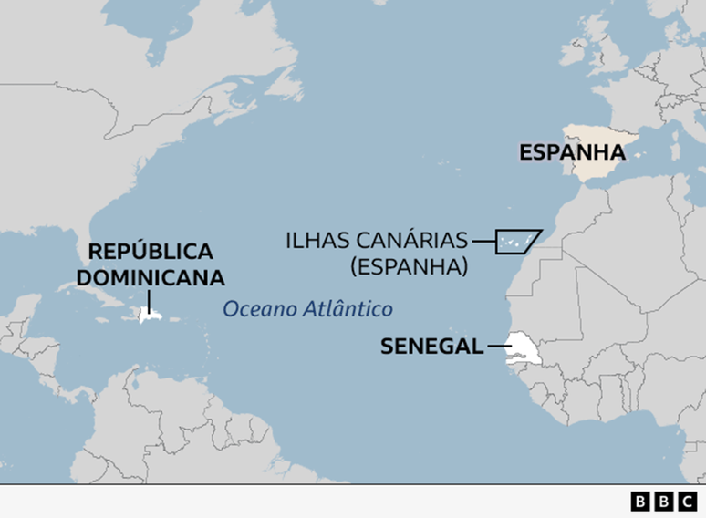 Mapa mostrando Senegal, Ilhas Canárias e República Dominicana.