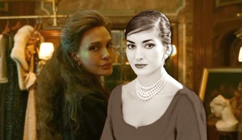 Cena do filme sobre Maria Callas com Angelina Jolie e um retrato da famosa prima-dona da ópera