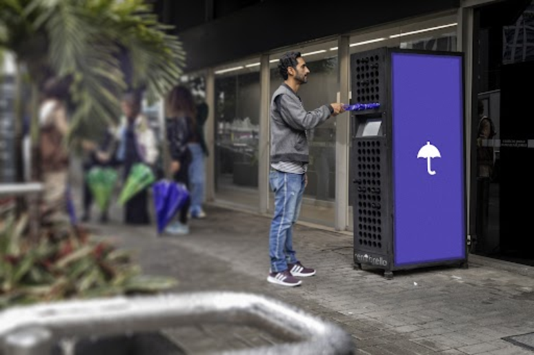 Os guarda-chuvas são retirados em estações que podem ser encontradas no aplicativo da Rentbrella