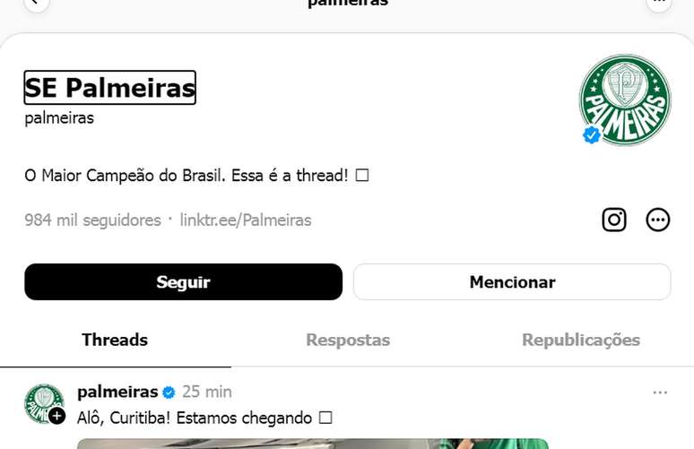 O mesmo ocorre com o Palmeiras.  Reprodução/Threads