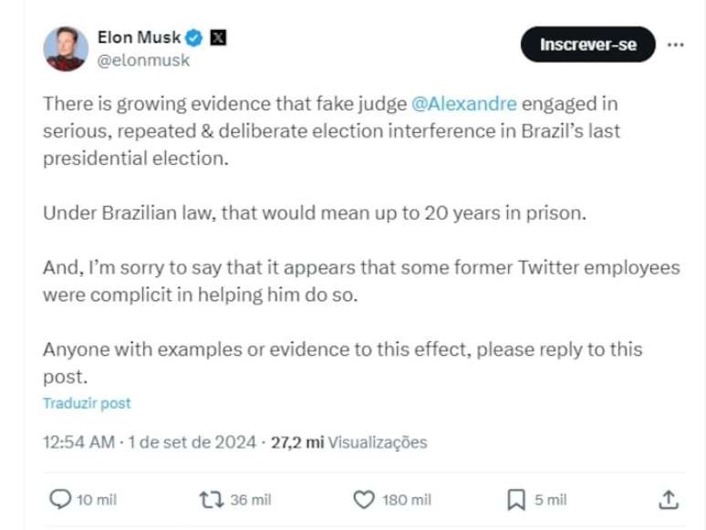 Elon Musk acusa o minsitro Alexandre de Moraes (STF), sem provas, de interferir no processo eleitoral de 2022.