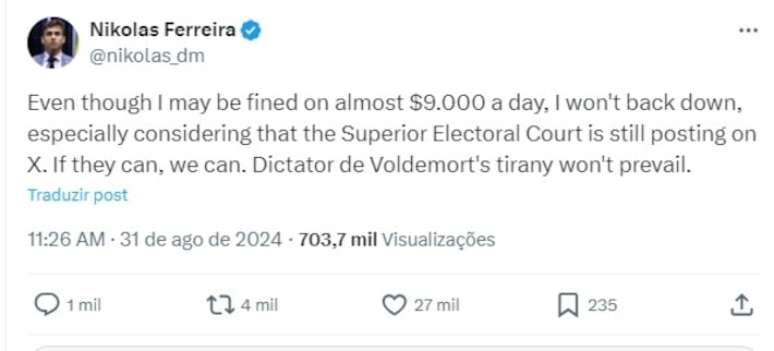 O deputado Nikolas Ferreira (PL-MG) publicou no sábado, 31, em seu perfil no X (Twitter), se referindo a Moraes como "Voldemort", vilão da série Harry Potter, e "ditador".