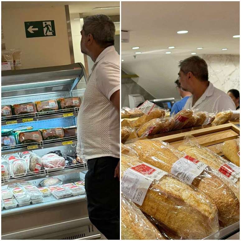 Zeca no balcão de frios e na área de pães do mercado frequentado pela classe média alta paulistana