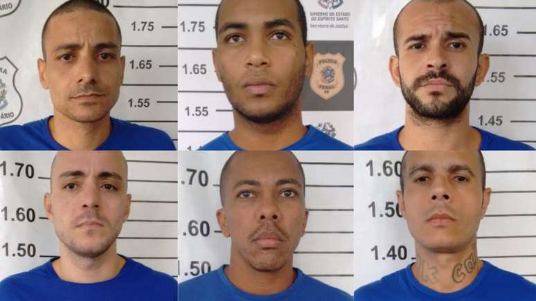 Seis presos serram cela e fogem de penitenciária no Espírito Santo. Na parte de cima da foto, da esquerda para direita: Renan Souza Lopes, Iran da Silva Santos, Wanderson Meirelles Felipe Santiago. Embaixo, da esquerda para direita: Carliano Souza Lopes, Fabiano Jesus do Rosario, Thiago Ferreira Santos.