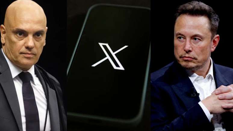 Alexandre de Moraes e Elon Musk diante de celular com símbolo do X na tela