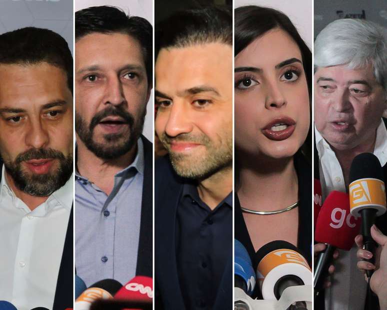 Candidatos à Prefeitura de São Paulo, da esquerda para a direita: Boulos (PSOL), Nunes (MDB), Marçal (PRTB), Tabata (PSB) e Datena (PSDB)