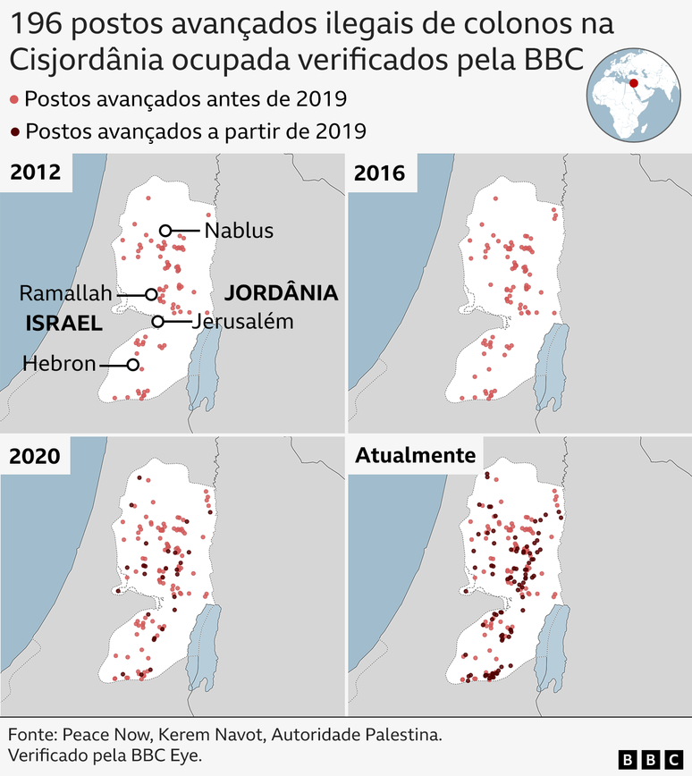 Quatro mapas mostrando a localização dos postos avançados de colonos na Cisjordânia ocupada — verificados pela BBC — em quatro anos: 2012, 2016, 2020, 2024.