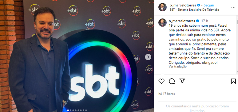 Marcelo Torres fez post no Instagram para anunciar a saída do SBT 