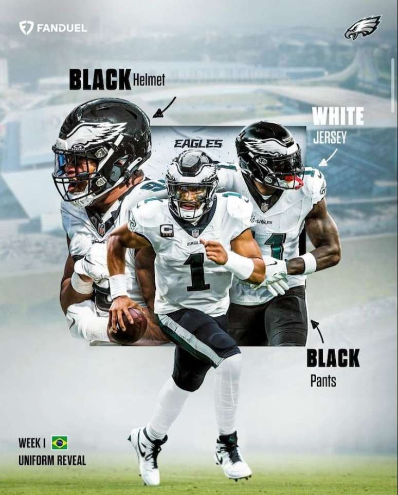 Philadelphia Eagles utilizará uniforme preto e branco na partida contra o Green Bay Packers.