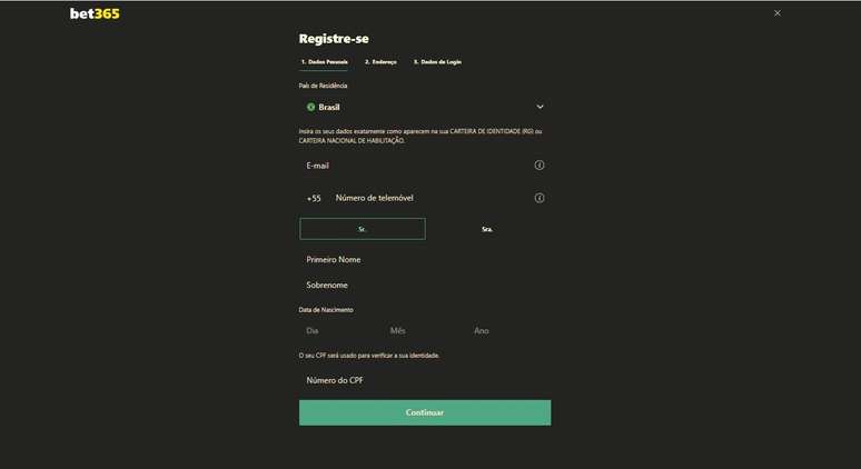 bet365 Brasil tela cadastro