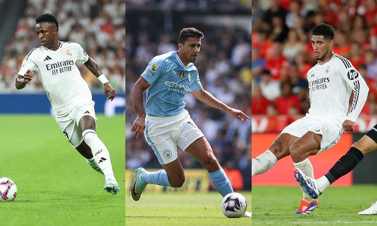 Vini Jr (esq.), Rodri (centro) e Bellingham são os favoritos ao prêmio Bola de Ouro – Fotos: THOMAS COEX/AFP via Getty Images, ADRIAN DENNIS/AFP via Getty Images e JAIME REINA/AFP via Getty Images