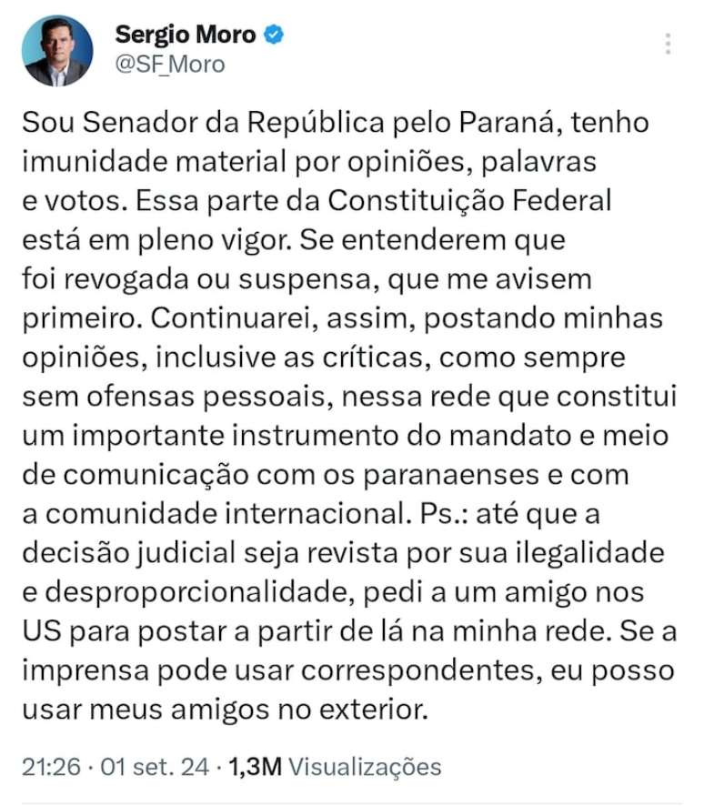 Senador Sérgio Movo (União-PR) continuo usando o perfil na rede social bloqueada, segundo ele, por meio de um "correspondente" nos Estados Unidos.