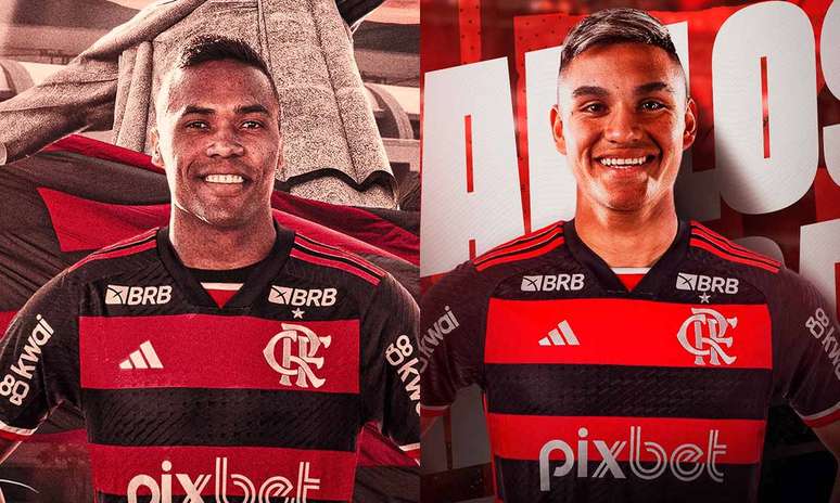 Alex Sandro e Alcaraz nos anúncios de chegada ao clube. Fotos: Divulgação / Flamengo