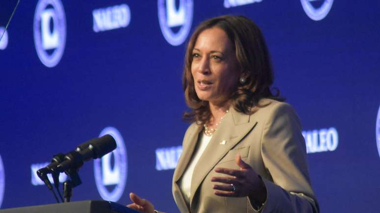 June 26, 2022, Plainfield, IL, USA: Vice President of the United States Kamala Harris delivers remarks on the overturning of Roe V. Wade. which is a landmark decision handed down in 1973 by the United States Supreme Court on the question of the constitutionality of laws that criminalized or restricted access to abortions.