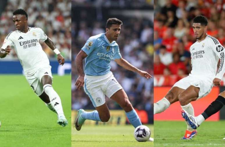 Vini Jr (esq.), Rodri (centro) e Bellingham são os favoritos ao prêmio Bola de Ouro – Fotos: THOMAS COEX/AFP via Getty Images, ADRIAN DENNIS/AFP via Getty Images e JAIME REINA/AFP via Getty Images