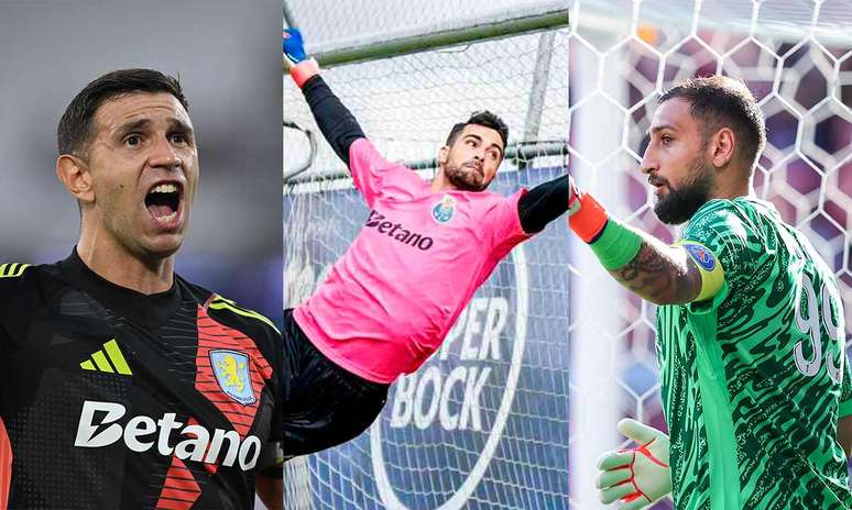 Emiliano Martínez, Diogo Costa e Gianluigi Donnaruma são os favoritos para o prêmio. Fotos: JUSTIN TALLIS/AFP via Getty Images, Divulgação / Porto e RONNY HARTMANN/AFP via Getty Images