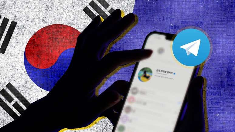 Ilustração de uma mão usando o aplicativo Telegram em um celular, com a bandeira coreana ao fundo