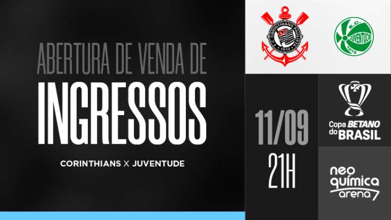 Corinthians divulga informações sobre venda de ingressos para jogo da Copa do Brasil. 