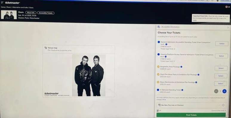 Esta captura de tela do site da Ticketmaster mostra informações de preços em demanda para o show do Oasis em Manchester