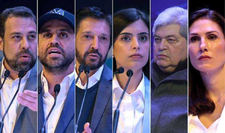 Os candidatos Guilherme Boulos, Pablo Marçal, Ricardo Nunes, Tabata Amaral, José Luiz Datena e Marina Helena