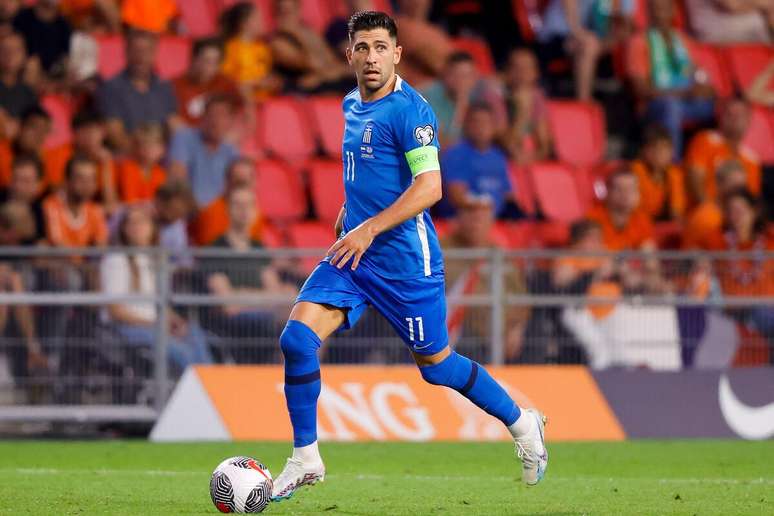 Anastasios Bakasetas (Grécia) durante jogo contra a Holanda, no dia 07.09.2023 