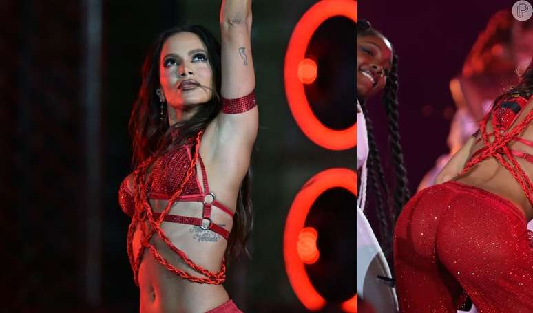 Anitta se apresentou com look todo vermelho e brilhoso em jogo da NFL no Brasil.