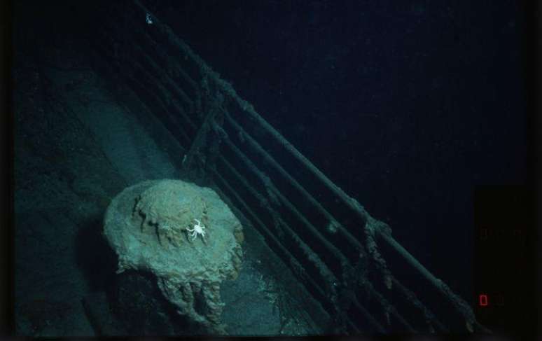 Um caranguejo rasteja em um poste de amarração do Titanic