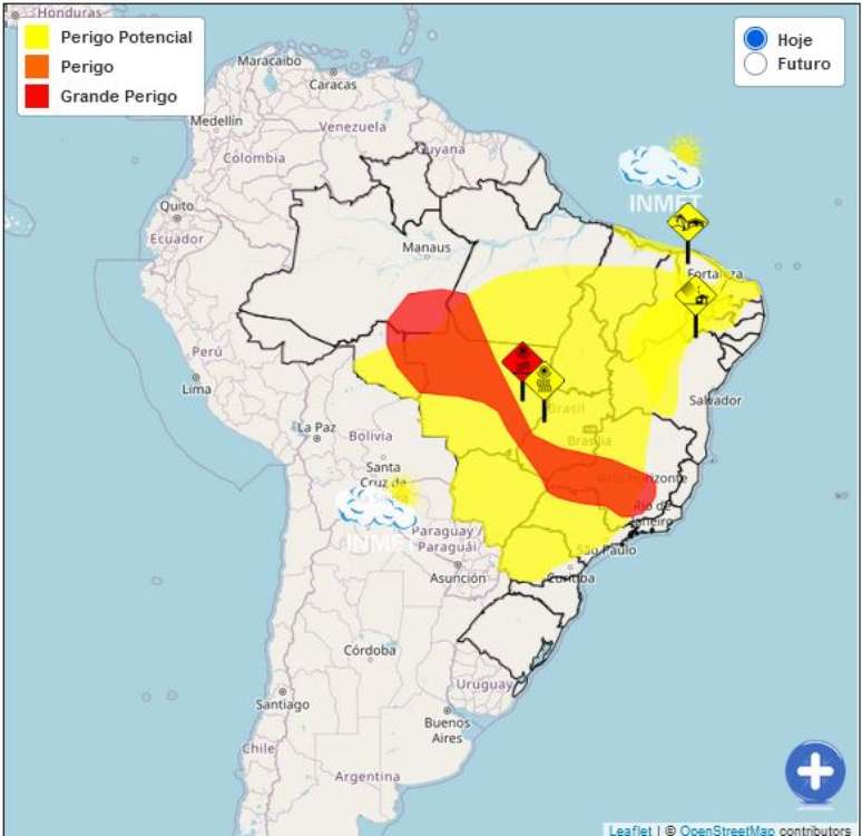 Inmet emitiu alerta vermelho para onda de calor na parte mais central do Brasil, e alerta amarelo para baixa umidade em boa parte do país