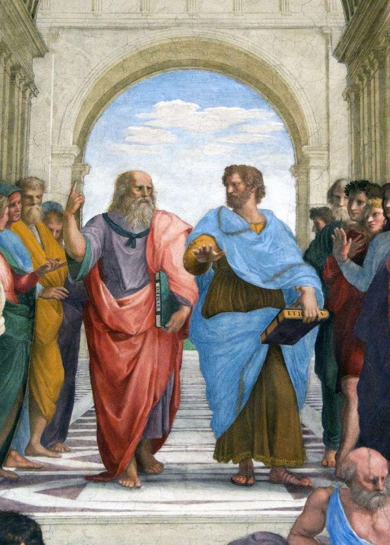 Detalhe da obra 'A Escola de Atenas', de Rafael, em que se observa no centro Platão, de vermelho, e Aristóteles, de azul