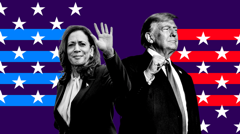 Colagem criada digitalmente com Kamala Harris e Donald Trump. Kamala Harris à esquerda, de terno, acenando com a mão. Donald Trump à direita, de terno e gravata, fazendo um gesto com o punho fechado.