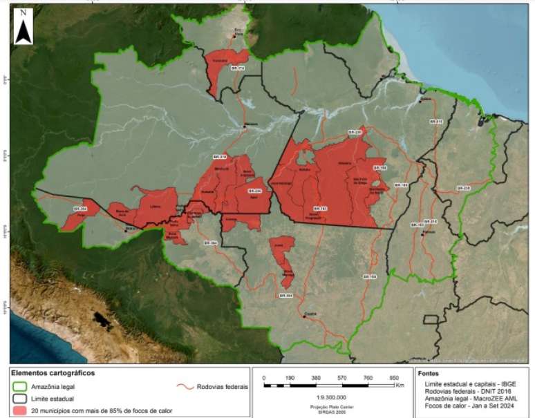 Mapa do Inpe indica (em vermelho) área dos 20 municípios que concentram 85% das queimadas da Amazônia