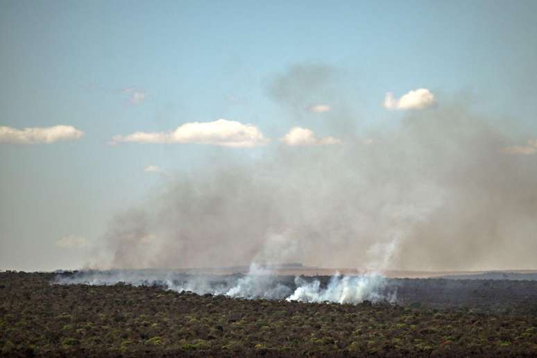 A fumaça sobe dos incêndios na vegetação do Cerrado na área rural de Formosa, estado de Goiás. Foto em 11 de setembro de 2024