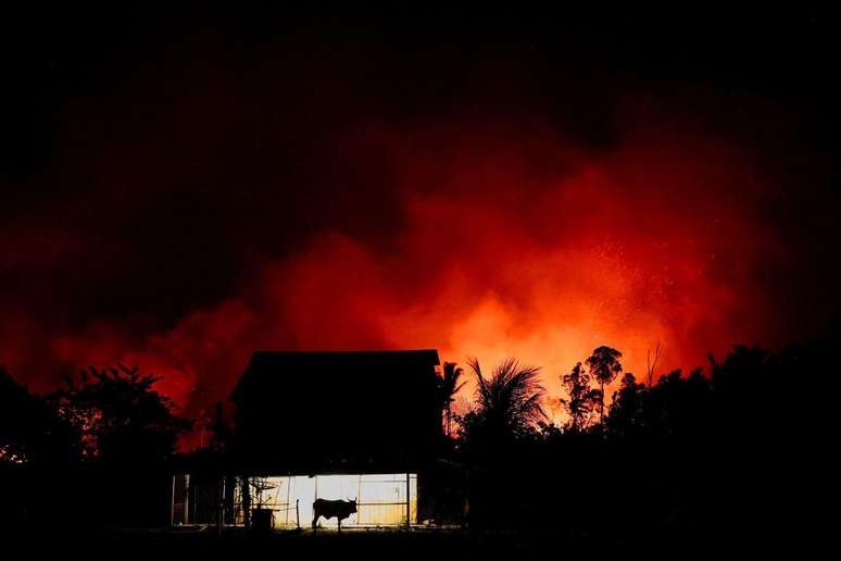 Uma fazenda perto de um incêndio florestal na Amazônia em uma área da Rodovia Transamazônica BR-230 em Labrea, Amazonas