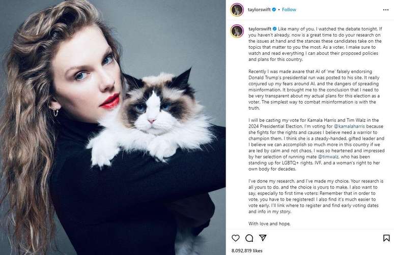 Taylor Swift assinou seu post no Instagram com algo como 'tia dos gatos' numa ironia sobre comentários de J.D. Vance, vice de Trump