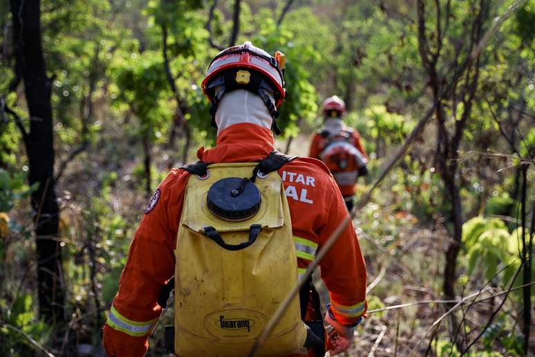 Bombeiros de Mato Grosso atuando em queimadas. Estado é o campeão de queimadas em todo o Brasil. Inpe indica aumento de 215% no número de queimadas neste ano em relação ao ano passado