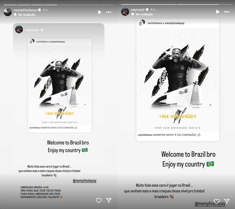 Neymar e Memphis Depay trocam mensagens após acerto do holandês com o Corinthians –
