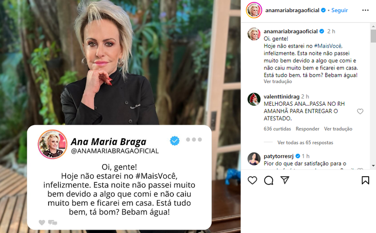 Ana Maria Braga deu explicação aos fãs a razão de não aparecer no Mais Você nesta quinta-feira (12) (