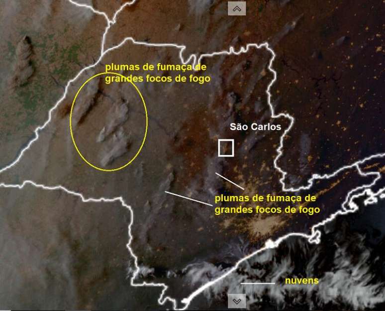 Imagem de satélite mostra focos de fogo e grandes plumas de fumaça no interior de SP em 11/9/24

(Fonte: GOES 16 - CIRA/RAMMB)