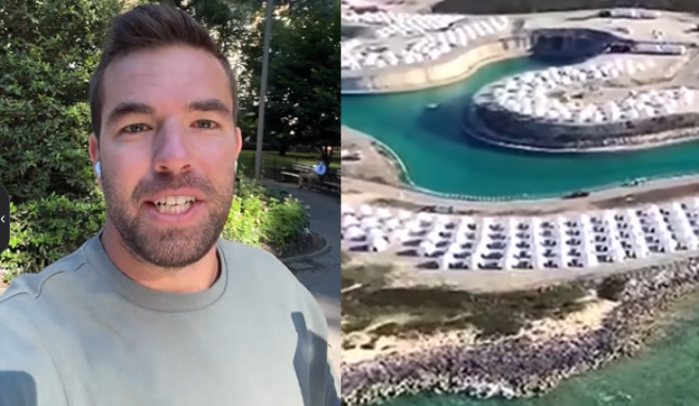 Billy McFarland di sebelah gambar udara dari struktur Fyre Festival I