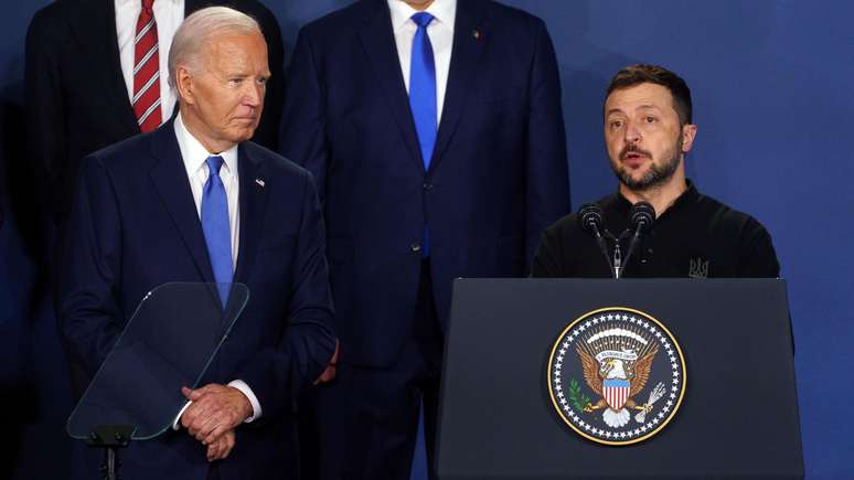 Joe Biden e Volodymyr Zelensky discursaram recentemente durante uma reunião de cúpula da Otan em Washington