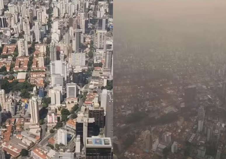 Antes e depois de fumaça tomar conta da região da Avenida Paulista