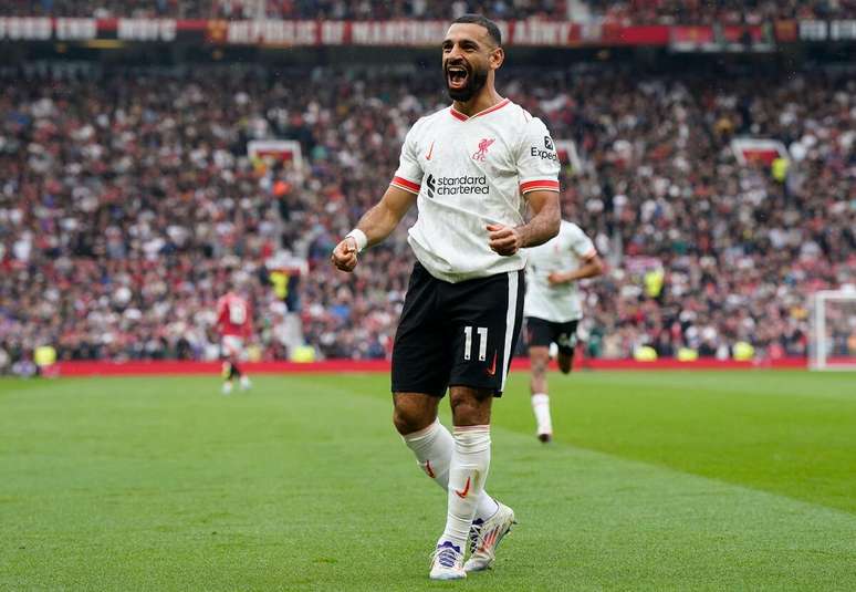 Mohamed Salah (Liverpool) comemorando seu gol contra o Manchester United, no dia 01.09.2024 