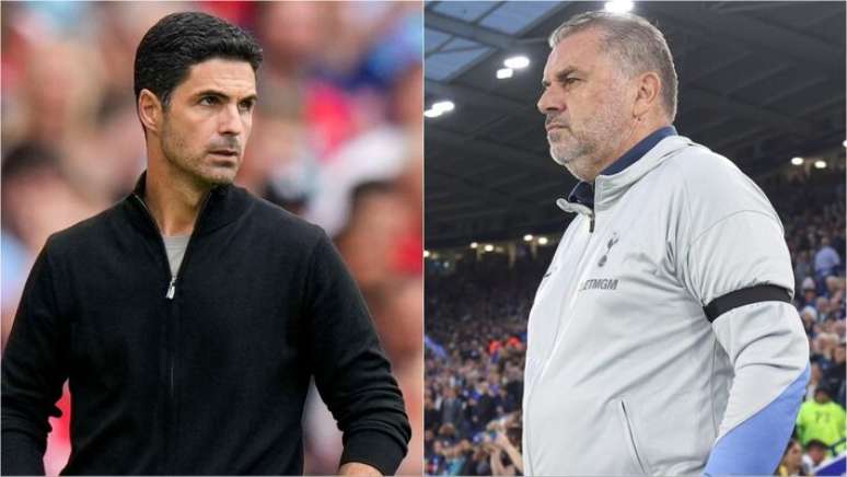 Mikel Arteta, técnico do Arsenal, e Ange Postecoglou, técnico do Tottenham