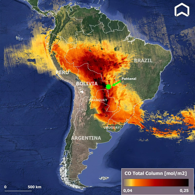 Queimadas que atingem o Brasil nos últimos dias deixaram os níveis de monóxido de carbono na atmosfera altíssimos, segundo a MetSul 